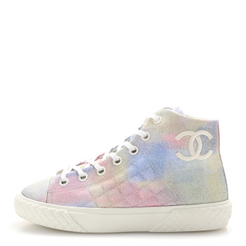 CHANEL Printed Fabric Quilted High Top Sneakers 37 Green Pink Blue White CHANEL Printed Fabric Quilted High Top Sneakers 37 Green Pink Blue White