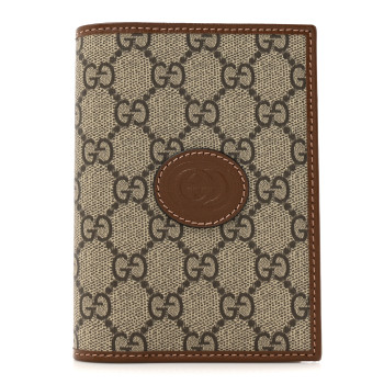 GUCCI GG Supreme Monogram Azalea Calfskin Retro Interlocking G Passport Case Beige Ebony Brown Sugar