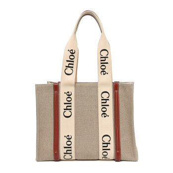 CHLOE Linen Calfskin Medium Woody Ribbon Tote White Brown CHLOE Linen Calfskin Medium Woody Ribbon Tote White Brown