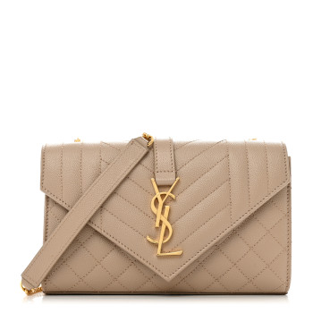 SAINT LAURENT Grain De Poudre Textured Mixed Matelasse Triquilt Small Monogram Satchel Dark Beige SAINT LAURENT Grain De Poudre Textured Mixed Matelasse Triquilt Small Monogram Satchel Dark Beige