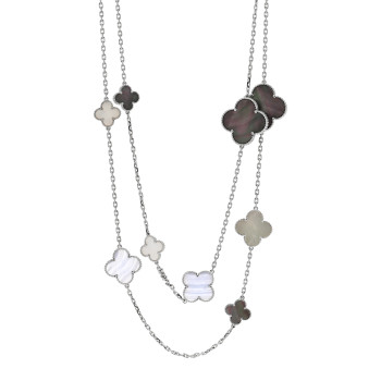 VAN CLEEF & ARPELS 18K White Gold Mother of Pearl Chalcedony 16 Motifs Magic Alhambra Necklace
