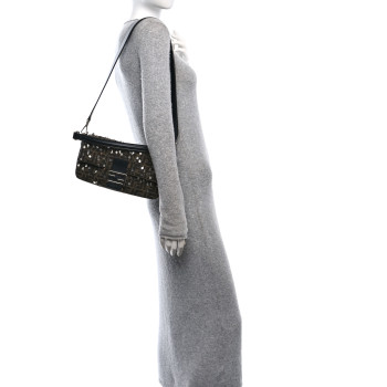 FENDI Fabric Jacquard F Paillettes Vitello Cover FF 1974 Embroidered Baguette Tobacco Moro Argento