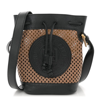 FENDI Vitello Liberty Glossy Lambskin F is Fendi Perforated Mini Mon Tresor Bucket Bag Sand Mimosa Black