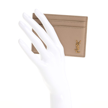 SAINT LAURENT Calfskin Tiny Cassandre Credit Card Case Dark Beige SAINT LAURENT Calfskin Tiny Cassandre Credit Card Case Dark Beige