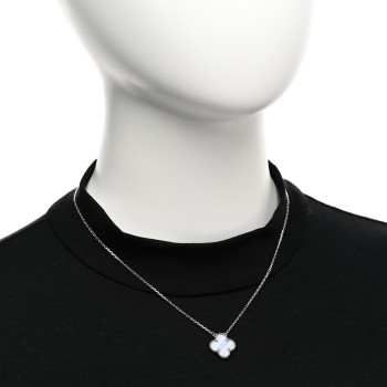 VAN CLEEF & ARPELS 18K White Gold Chalcedony Vintage Alhambra Pendant Necklace