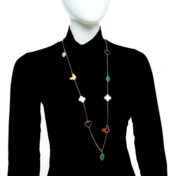 VAN CLEEF & ARPELS 18K Yellow Gold Mother of Pearl Malachite Carnelian Tiger Eye 12 Motif Lucky Alhambra Necklace