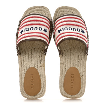 GUCCI Canvas Miro Soft Calfskin Striped Mens Espadrille Flat Slide Sandals 10 Greggio Brown Sugar