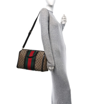 GUCCI Monogram Selleria Calfskin Vintage Web Medium Boston Beige Ebony Cocoa