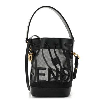 FENDI Mesh Vitello King F is Fendi Logo Embroidered Mini Mon Tresor Bucket Bag Black