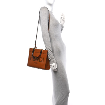 FENDI Vitello King Plexiglass Logo Embossed Small Fendi Sunshine Shopper Tote Cuoio