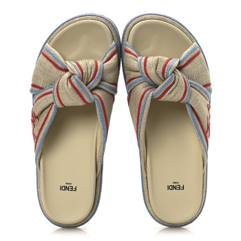 FENDI Raffia Cursive Logo Embroidered Mix Slide Sandals 39 Giallo