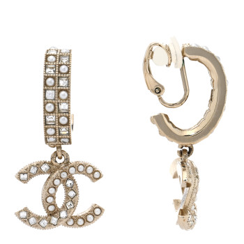 CHANEL Crystal Pearl CC Drop Clip On Earrings Gold CHANEL Crystal Pearl CC Drop Clip On Earrings Gold