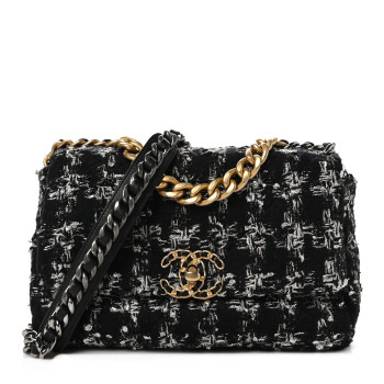 CHANEL Tweed Quilted Medium Chanel 19 Flap Black Silver Ecru CHANEL Tweed Quilted Medium Chanel 19 Flap Black Silver Ecru