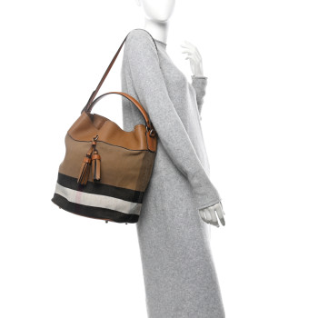 BURBERRY Grainy Calfskin Canvas Mega Check Medium Ashby Tassel Hobo Saddle Brown