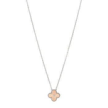 VAN CLEEF & ARPELS 18K White Rose Gold Diamond Guilloche Vintage Alhambra Pendant Necklace
