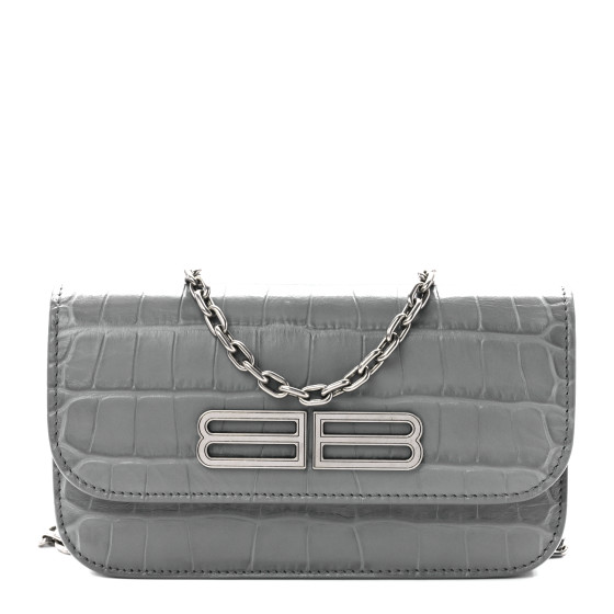 BALENCIAGA Calfskin Crocodile Embossed Gossip Wallet On Chain Balenciaga Grey