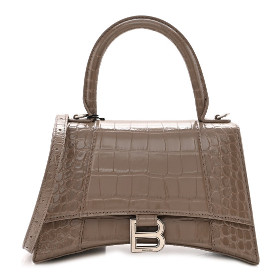 BALENCIAGA Shiny Calfskin Crocodile Embossed Small Hourglass Top Handle Bag Mink Grey