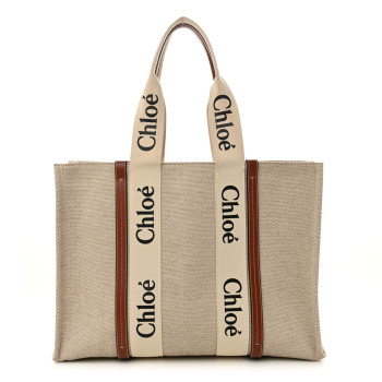 CHLOE Cotton Calfskin Large Woody Ribbon Tote White Brown CHLOE Cotton Calfskin Large Woody Ribbon Tote White Brown