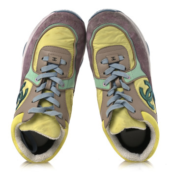 CHANEL Nylon Lambskin Calfskin Suede CC Womens Sneakers 38.5 Pink Yellow Purple CHANEL Nylon Lambskin Calfskin Suede CC Womens Sneakers 38.5 Pink Yellow Purple