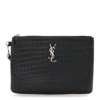 SAINT LAURENT Calfskin Crocodile Embossed Monogram Zip Pouch Black SAINT LAURENT Calfskin Crocodile Embossed Monogram Zip Pouch Black