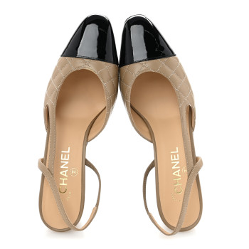 CHANEL Lambskin Patent Calfskin Quilted Cap Toe CC Slingback Pumps 40 Beige Black CHANEL Lambskin Patent Calfskin Quilted Cap Toe CC Slingback Pumps 40 Beige Black