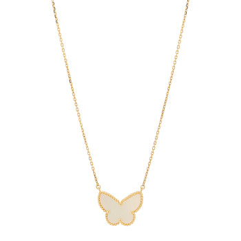 VAN CLEEF & ARPELS 18k Yellow Gold Mother of Pearl Lucky Alhambra Butterfly Pendant Necklace