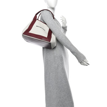 BALENCIAGA Cotton Canvas Calfskin S Navy Cabas Natural Burgundy