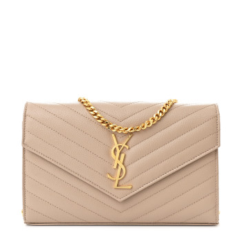 SAINT LAURENT Grain De Poudre Matelasse Chevron Monogram Chain Wallet Dark Beige SAINT LAURENT Grain De Poudre Matelasse Chevron Monogram Chain Wallet Dark Beige