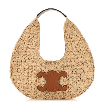 CELINE Raffia Calfskin Triomphe Panier Hobo Bag Natural Tan CELINE Raffia Calfskin Triomphe Panier Hobo Bag Natural Tan