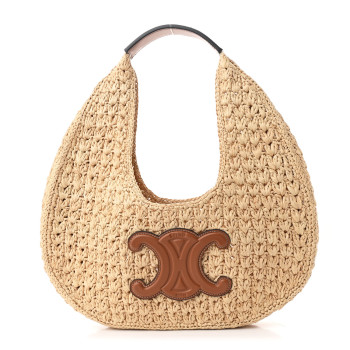 CELINE Raffia Calfskin Triomphe Panier Hobo Bag Natural Tan CELINE Raffia Calfskin Triomphe Panier Hobo Bag Natural Tan