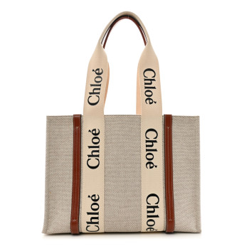 CHLOE Cotton Calfskin Medium Woody Ribbon Tote White Brown CHLOE Cotton Calfskin Medium Woody Ribbon Tote White Brown