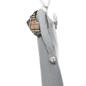 BURBERRY Metallic Nova Check Patent Hobo Pewter