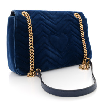 GUCCI Velvet Matelasse Medium GG Marmont Shoulder Bag Cobalt Blue