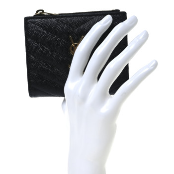 SAINT LAURENT Grain De Poudre Matelasse Chevron Monogram Zipped Card Case Black SAINT LAURENT Grain De Poudre Matelasse Chevron Monogram Zipped Card Case Black