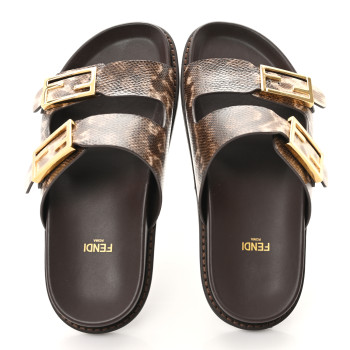 FENDI Vitello Karung Effect Fendi Feel Buckled Slide Sandals 37 Beige Brown