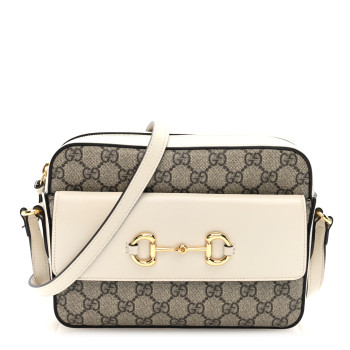 GUCCI GG Supreme Monogram Small Horsebit 1955 Shoulder Bag Beige Mystic White