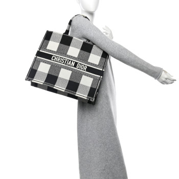 CHRISTIAN DIOR Canvas Embroidered Checkered Book Tote Black White