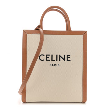 CELINE Canvas Calfskin Logo Print Small Vertical Cabas Natural Tan CELINE Canvas Calfskin Logo Print Small Vertical Cabas Natural Tan