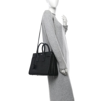 SAINT LAURENT Calfskin Crocodile Embossed Small Sac de Jour Dusty Black SAINT LAURENT Calfskin Crocodile Embossed Small Sac de Jour Dusty Black