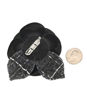 CHANEL Tweed Camellia Pin Brooch Black White CHANEL Tweed Camellia Pin Brooch Black White