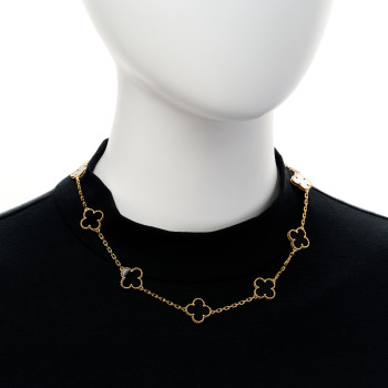 VAN CLEEF & ARPELS 18K Yellow Gold Black Onyx 10 Motifs Vintage Alhambra Necklace