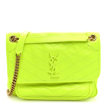 SAINT LAURENT Crinkled Calfskin Matelasse Monogram Medium Niki Chain Satchel Neon Yellow SAINT LAURENT Crinkled Calfskin Matelasse Monogram Medium Niki Chain Satchel Neon Yellow
