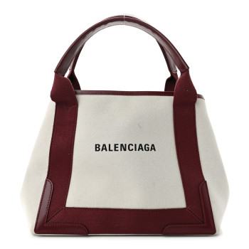 BALENCIAGA Cotton Canvas Calfskin S Navy Cabas Natural Burgundy