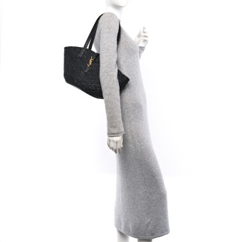 SAINT LAURENT Raffia Calfskin Small Panier Tote Black SAINT LAURENT Raffia Calfskin Small Panier Tote Black