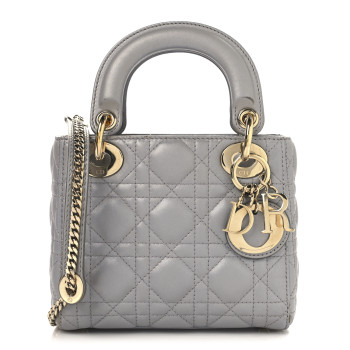 CHRISTIAN DIOR Metallic Lambskin Cannage Mini Lady Dior Grey