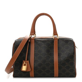 CELINE Triomphe Canvas Calfskin Large Boston Bag Tan CELINE Triomphe Canvas Calfskin Large Boston Bag Tan