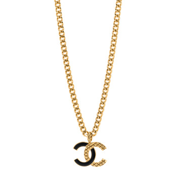 CHANEL Metal Enamel Quilted CC Chain Necklace Pendant Gold Black CHANEL Metal Enamel Quilted CC Chain Necklace Pendant Gold Black