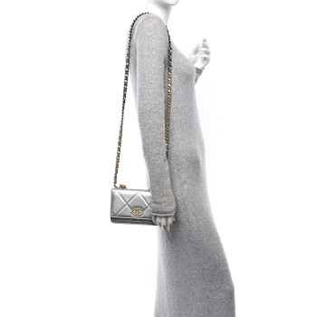 CHANEL Metallic Lambskin Quilted Chanel 19 Wallet On Chain WOC Silver CHANEL Metallic Lambskin Quilted Chanel 19 Wallet On Chain WOC Silver