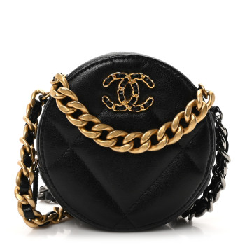 CHANEL Shiny Goatskin Quilted Chanel 19 Round Clutch With Chain Black CHANEL Shiny Goatskin Quilted Chanel 19 Round Clutch With Chain Black
