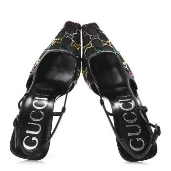 GUCCI Tela Retino Nappa Charlotte Crystal GG Monogram Square G 75mm Slingback Pumps 39.5 Black
